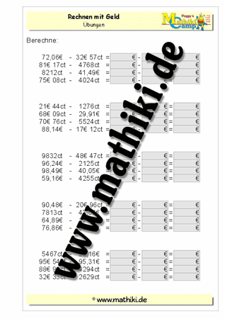 Rechnen mit Geld Subtraktion gemischt - ©2011-2016, www.mathiki.de - Ihre Matheseite im Internet
