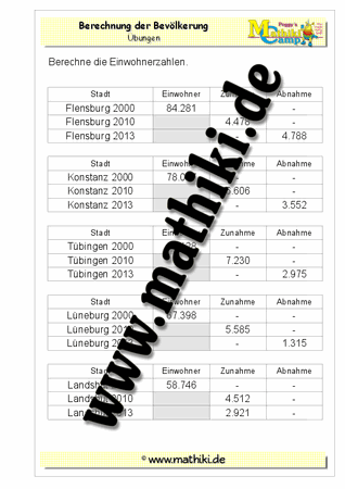 Bevölkerung in Städten - ©2011-2016, www.mathiki.de - Ihre Matheseite im Internet