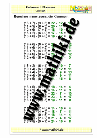 Rechnen mit Klammern: + und − - ©2011-2016, www.mathiki.de - Ihre Matheseite im Internet