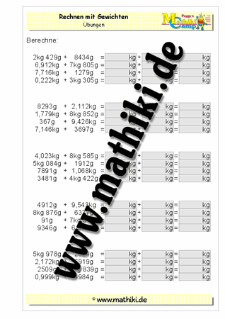 Addition mit gemischten Gewichten - ©2011-2016, www.mathiki.de - Ihre Matheseite im Internet