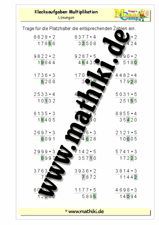 Platzhalteraufgaben (Klecksaufgaben) Multiplikation 3 - ©2011-2016, www.mathiki.de - Ihre Matheseite im Internet