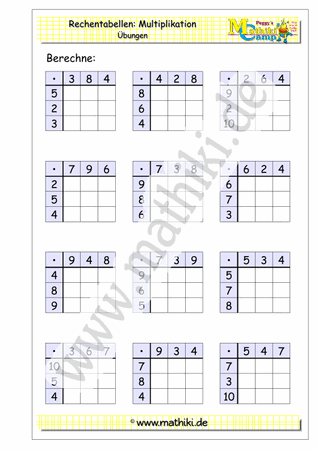 Rechentabellen Kleines Einmaleins - ©2018, www.mathiki.de