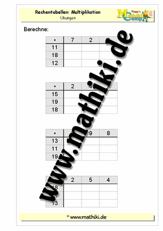 Rechentabellen: Multiplikation (1E • E) - ©2011-2016, www.mathiki.de - Ihre Matheseite im Internet