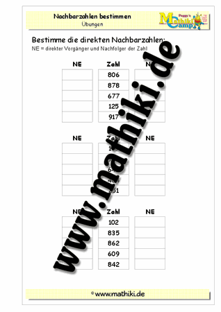 Nachbarzahlen bestimmen bis 1.000 - ©2011-2016, www.mathiki.de - Ihre Matheseite im Internet