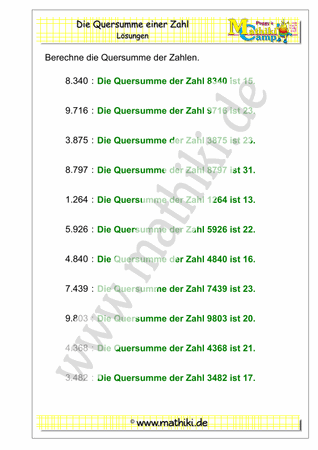 Quersumme berechnen bis 1 Million - ©2018, www.mathiki.de