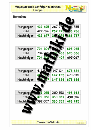 Vorgänger / Nachfolger bis 1 Million - ©2011-2018, www.mathiki.de