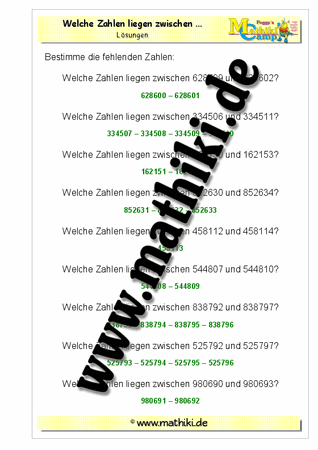 Welche Zahlen liegen zwischen … bis 1 Million - ©2011-2016, www.mathiki.de - Ihre Matheseite im Internet