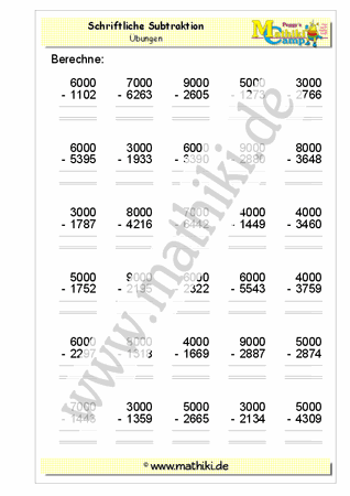 Schriftliche Subtraktion bis 10000 - ©2011-2019, www.mathiki.de