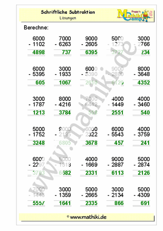 Schriftliche Subtraktion bis 10000 - ©2011-2019, www.mathiki.de