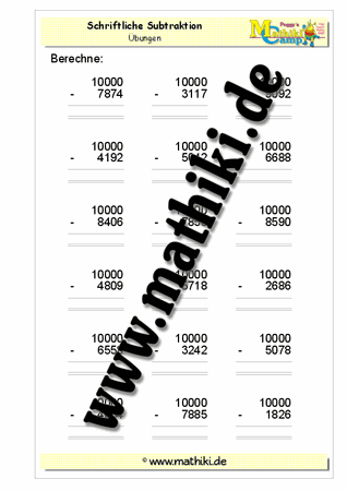 Schriftliche Subtraktion (10000 − THZE) - ©2011-2016, www.mathiki.de - Ihre Matheseite im Internet