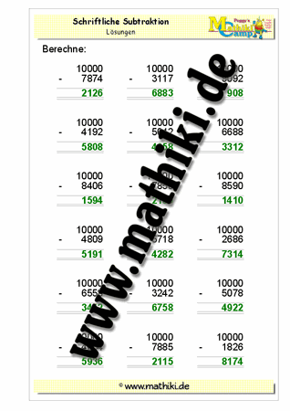Schriftliche Subtraktion (10000 − THZE) - ©2011-2016, www.mathiki.de - Ihre Matheseite im Internet