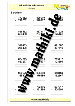 Schriftliche Subtraktion bis 1 Million - ©2011-2016, www.mathiki.de - Ihre Matheseite im Internet