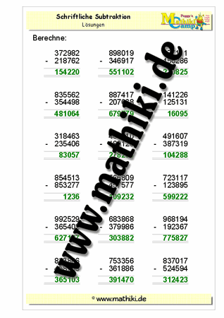 Schriftliche Subtraktion bis 1 Million - ©2011-2016, www.mathiki.de - Ihre Matheseite im Internet