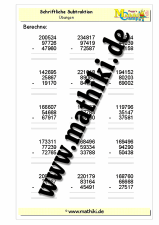 Schriftliche Subtraktion − drei Zahlen bis 1 Million - ©2011-2016, www.mathiki.de - Ihre Matheseite im Internet
