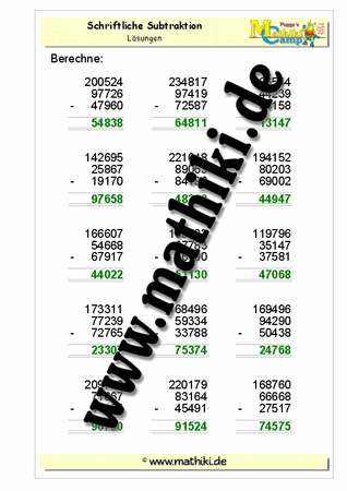 Schriftliche Subtraktion − drei Zahlen bis 1 Million - ©2011-2016, www.mathiki.de - Ihre Matheseite im Internet