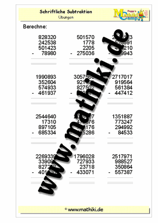 Schriftliche Subtraktion − vier Zahlen bis 1 Million - ©2011-2016, www.mathiki.de - Ihre Matheseite im Internet