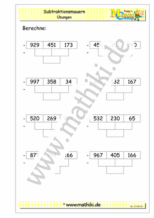 Zahlenmauer Subtraktion bis 1000 - ©2011-2019, www.mathiki.de