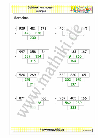 Zahlenmauer Subtraktion bis 1000 - ©2011-2019, www.mathiki.de
