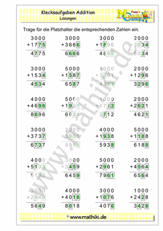 Klecksaufgaben Addition (I) (Klasse 4) - ©2019, www.mathiki.de