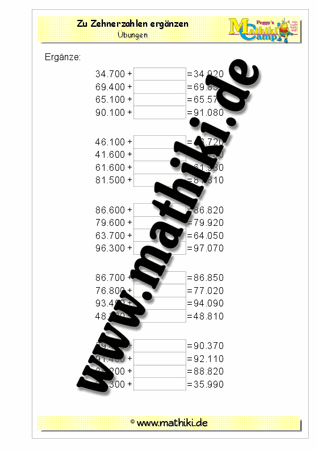 Zahlen ergänzen bis ZTT.HZ0 - ©2011-2016, www.mathiki.de - Ihre Matheseite im Internet