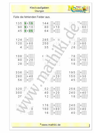 Klecksaufgaben halbschriftliche Division (Klasse 4) - ©2011-2019, www.mathiki.de