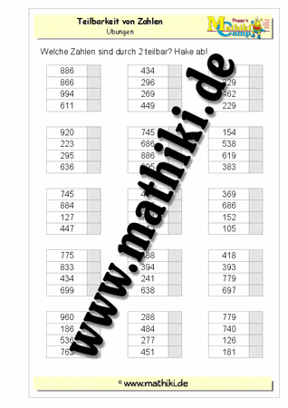 Teilbarkeit testen (eine Zahl) bis 1.000 - ©2011-2016, www.mathiki.de - Ihre Matheseite im Internet