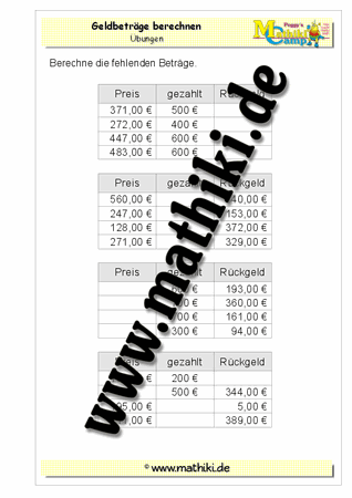 Fehlende Geldbeträge − H00€ - ©2011-2016, www.mathiki.de - Ihre Matheseite im Internet