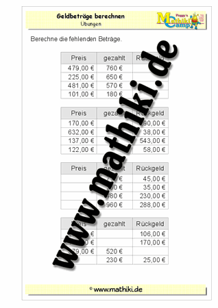 Fehlende Geldbeträge − HZ0€ - ©2011-2016, www.mathiki.de - Ihre Matheseite im Internet