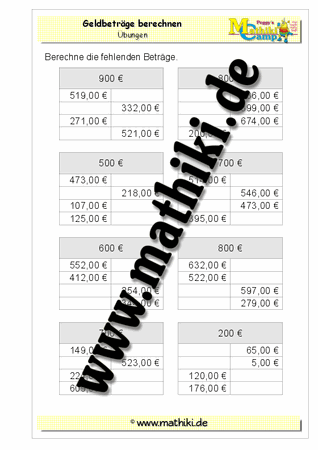 Geldbeträge berechnen − H00€ - ©2011-2016, www.mathiki.de - Ihre Matheseite im Internet