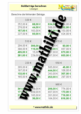 Geldbeträge berechnen − HZ0€ - ©2011-2016, www.mathiki.de - Ihre Matheseite im Internet