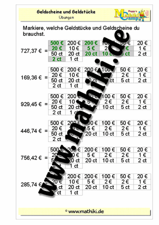 Geldbeträge zerlegen (1): Euro und Cent - ©2011-2016, www.mathiki.de - Ihre Matheseite im Internet