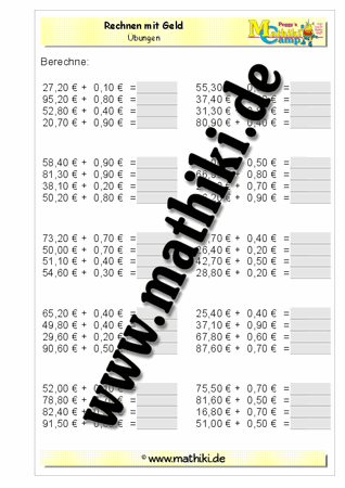 Rechnen mit Geld (ZE,Z0€+0,Z0€) - ©2011-2016, www.mathiki.de - Ihre Matheseite im Internet