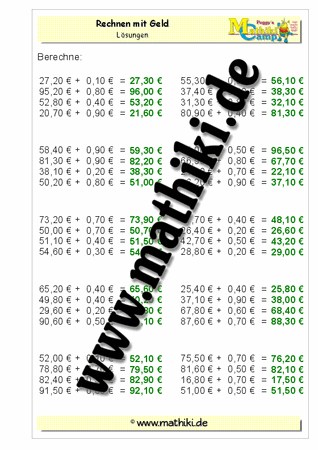Rechnen mit Geld (ZE,Z0€+0,Z0€) - ©2011-2016, www.mathiki.de - Ihre Matheseite im Internet