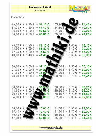 Rechnen mit Geld (ZE,Z0€+E,Z0€) - ©2011-2016, www.mathiki.de - Ihre Matheseite im Internet