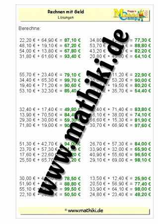 Rechnen mit Geld (ZE,Z0€+ZE,Z0€) - ©2011-2016, www.mathiki.de - Ihre Matheseite im Internet