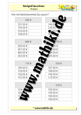 Rückgeld berechnen − HZ0€ - ©2011-2016, www.mathiki.de - Ihre Matheseite im Internet