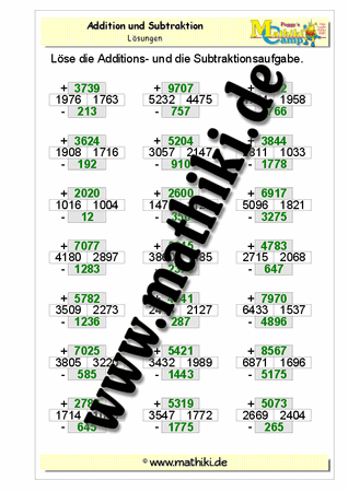 Addition und Subtraktion bis 10.000 - ©2011-2016, www.mathiki.de - Ihre Matheseite im Internet