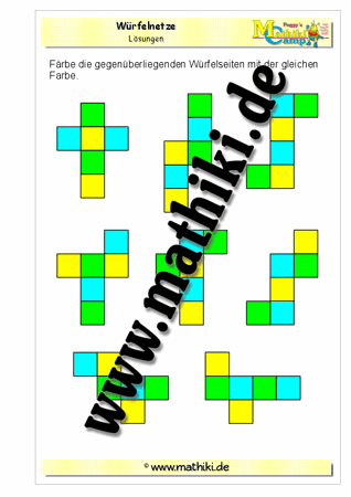 Würfelflächen in Würfelnetzen färben (Klasse 4) - ©2011-2018, www.mathiki.de