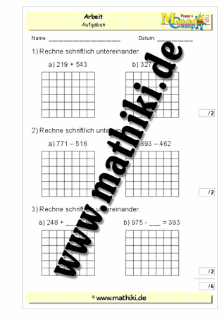 2. Klassenarbeit Mathe (Klasse 4) - ©2011-2019, www.mathiki.de