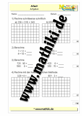 3. Klassenarbeit Mathe (Klasse 4) - ©2011-2019, www.mathiki.de