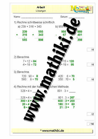 3. Klassenarbeit Mathe (Klasse 4) - ©2011-2019, www.mathiki.de