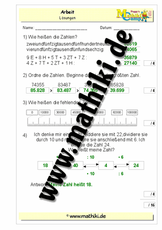 4. Klassenarbeit Mathe (Klasse 4) - ©2011-2019, www.mathiki.de