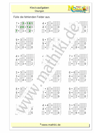 Klecksaufgaben halbschriftliche Multiplikation (Klasse 4) - ©2011-2019, www.mathiki.de