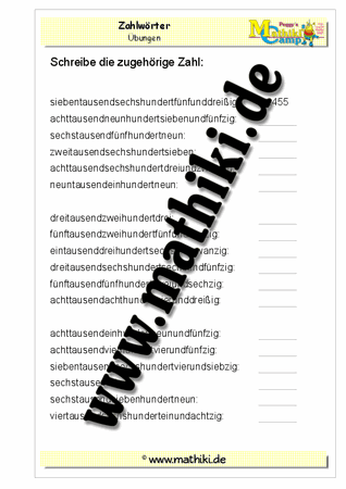 Zahlwörter lesen bis 10.000 - ©2011-2016, www.mathiki.de - Ihre Matheseite im Internet