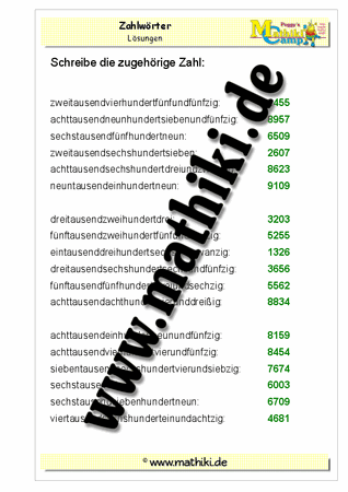 Zahlwörter lesen bis 10.000 - ©2011-2016, www.mathiki.de - Ihre Matheseite im Internet