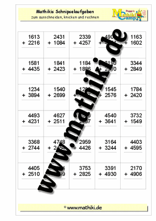 Schnipselaufgaben: Schriftliche Addition - ©2011-2016, www.mathiki.de - Ihre Matheseite im Internet