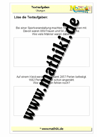 Textaufgaben zur Addition und Subtraktion - ©2011-2016, www.mathiki.de - Ihre Matheseite im Internet