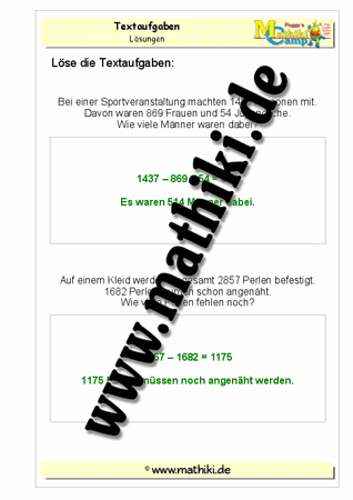 Textaufgaben zur Addition und Subtraktion - ©2011-2016, www.mathiki.de - Ihre Matheseite im Internet
