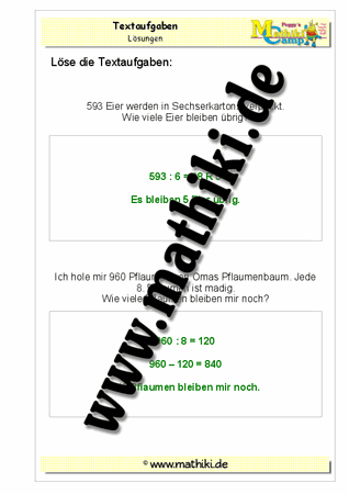 Textaufgaben zur Division - ©2011-2016, www.mathiki.de - Ihre Matheseite im Internet