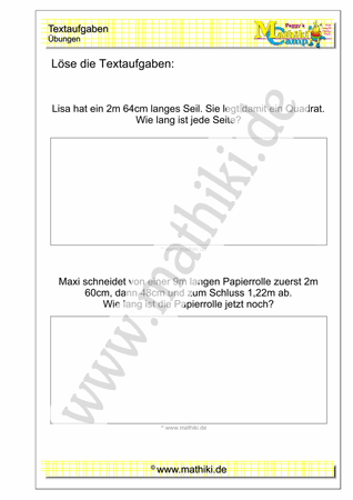 Textaufgaben zum Rechnen mit Längen - ©2011-2016, www.mathiki.de - Ihre Matheseite im Internet